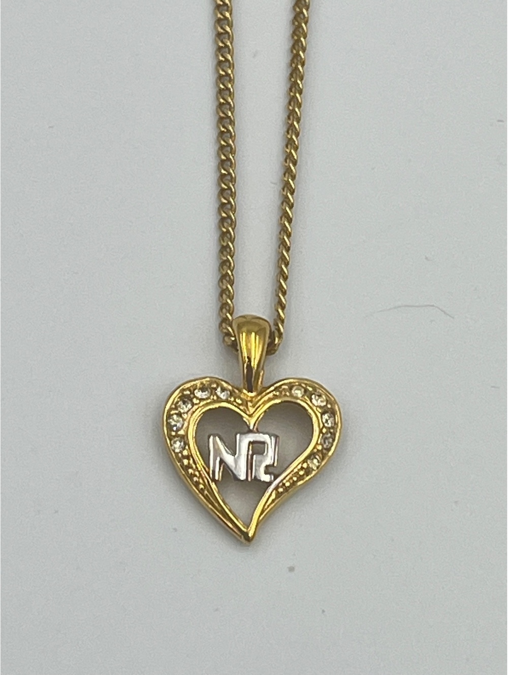 Nina Ricci Gold Tone Crystal Heart NR Logo Pendant Necklace 15–17”